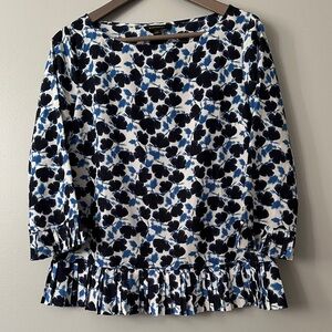 Banana Republic XS Sheer Pleated Blue and Black Floral Top